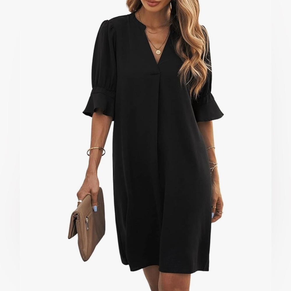Famulily Womens Dress V Neck Puff Sleeve Black Flowy Shirt Dress